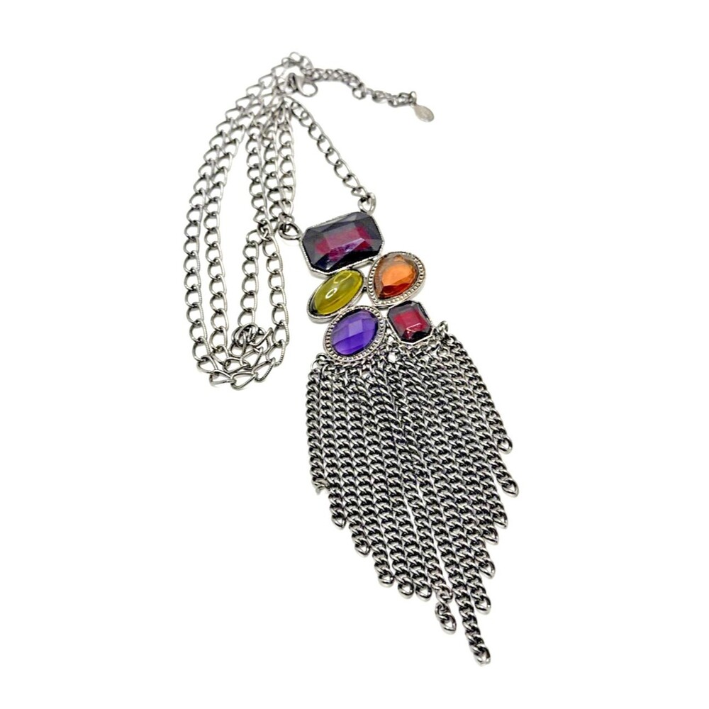 SPARKLING SAGE Statement Necklace Boho Rhinestones Black Dangle Chains Long 30"